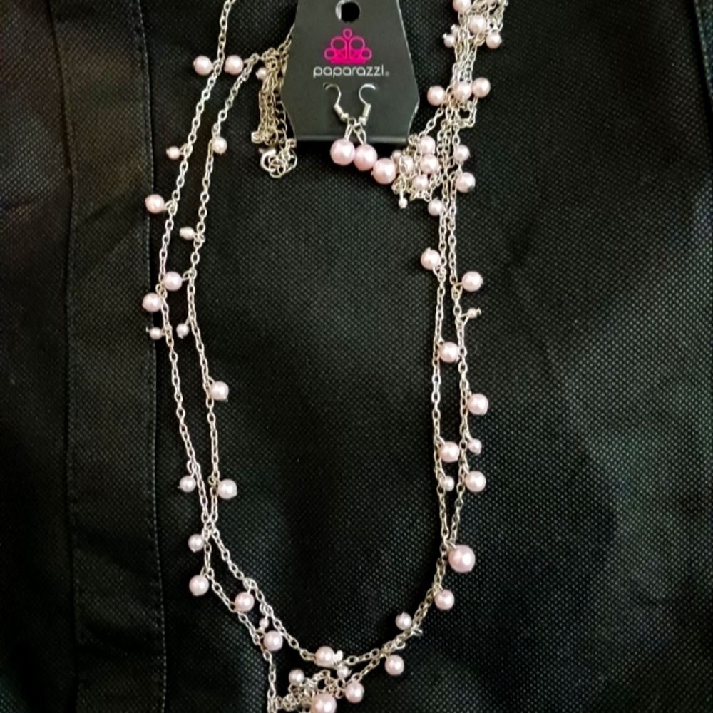 Pink Pearl Bead with Silver Chain and Earring set